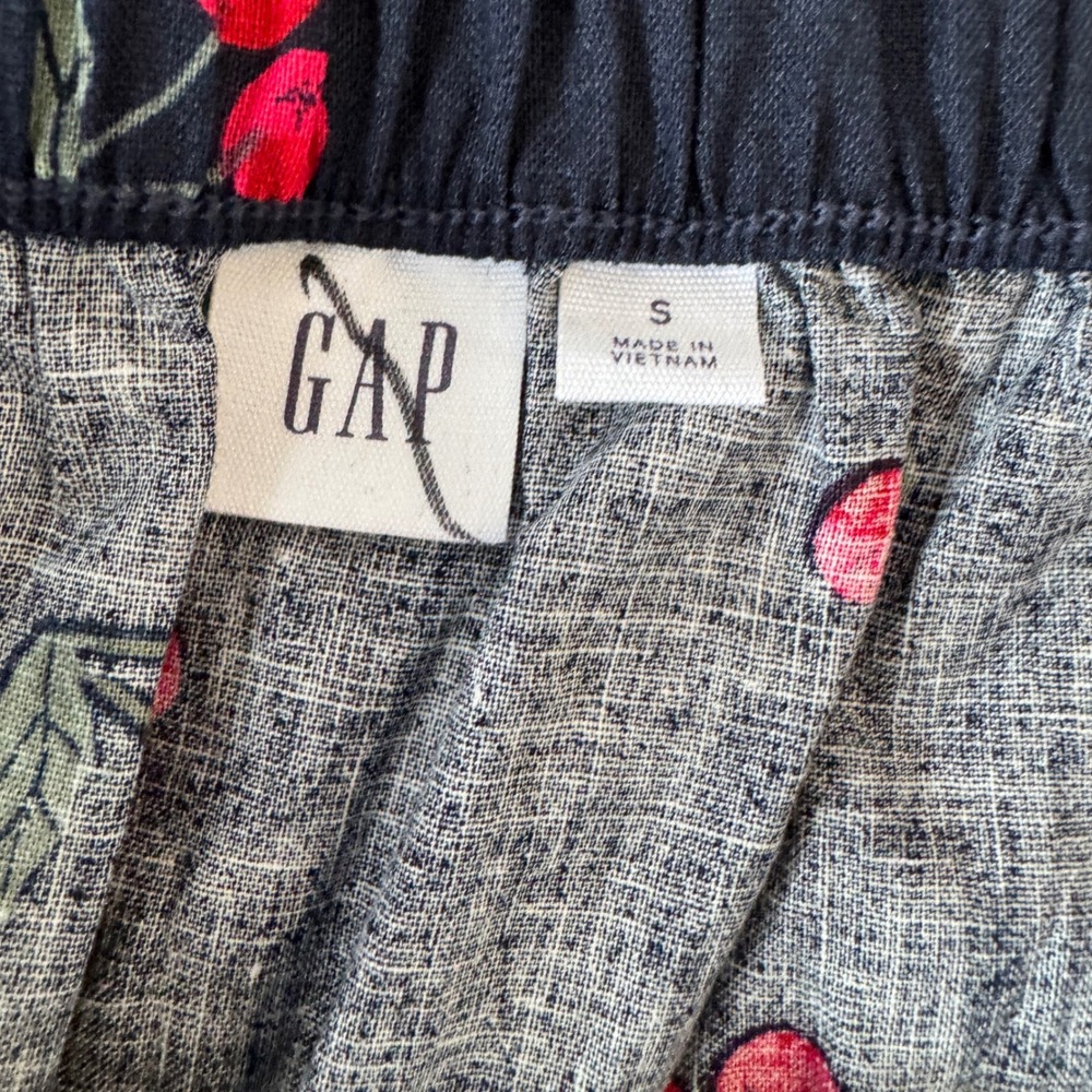 Gap Navy Cherry Print Linen Blend Maxi Skirt Pull On Side Slit S Cottagecore - Picture 3 of 8